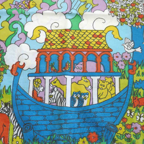 ノアの方舟 カラフル 動物&お花&レインボー柄 レトロ 70's ヴィンテージ ピローケース 枕カバー リメイク生地 USA