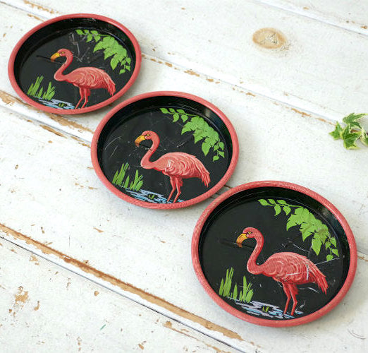 フラミンゴ ミッドセンチュリー メタル製 1940~50's ヴィンテージ コースター 3枚セット USA