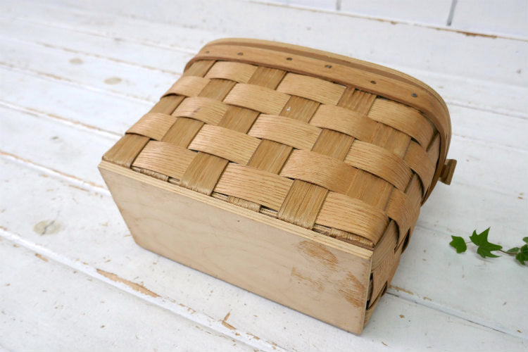 USA 木製 ヴィンテージ バスケット カゴバッグ ウッドバスケット ハンドバッグ ピクニック キャンプ 裁縫箱