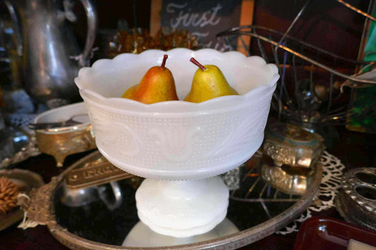 E.O. Brody Co フラワー リーフ柄 ミルクガラス製 足付き 60's ヴィンテージ フルーツボウル コンポート器 キャンディボウル USA