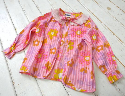 May Knitting Co Inc ユニオンメイド ILGWU カラフル 花柄 蝶々 シースルー 60's ビンテージ 子供服 ブラウス 古着