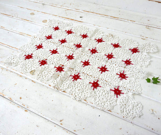 レトロ 手編み クロシェレース ホワイト×レッド デッドストック アンティーク&ヴィンテージ ドイリー クロス マット 長方形 USA