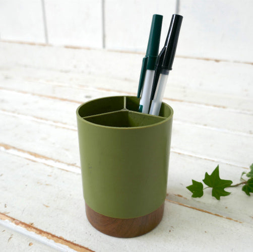 ミッドセンチュリー グリーン×ウッド柄 ヴィンテージ ペンスタンド ペン立て ステーショナリー 文具 USA