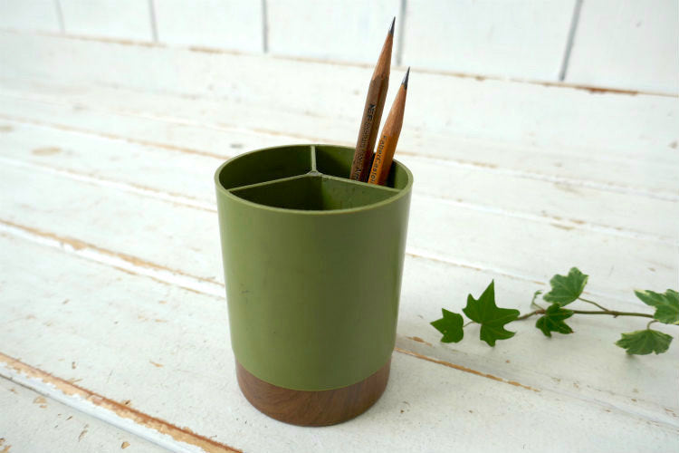 ミッドセンチュリー グリーン×ウッド柄 ヴィンテージ ペンスタンド ペン立て ステーショナリー 文具 USA