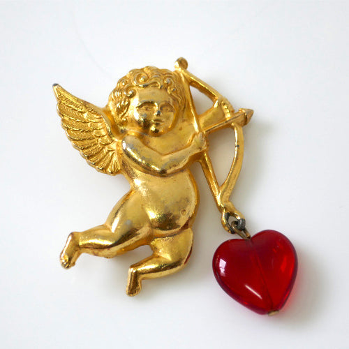 キューピッド ゴールドトーン 愛の神 赤いハート ヴィンテージ ブローチ アクセサリー コスチュームジュエリー USA