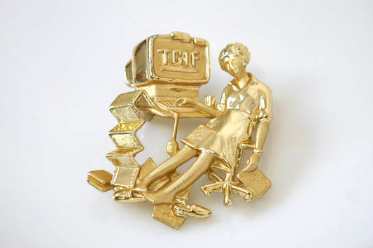 TGIF Thank God It's Friday ゴールドトーン 働く女性 OL ヴィンテージ ブローチ アクセサリー コスチュームジュエリー USA
