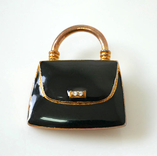 エナメル ゴールドトーン ブラック ハンドバッグ ラインストーン付き ヴィンテージ ブローチ アクセサリー コスチュームジュエリー USA