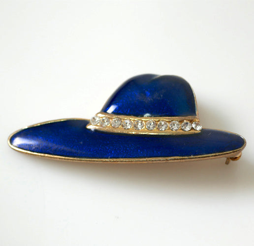 エナメル ゴールドトーン ブルー ハット USA直輸入 帽子 ラインストーン付き ヴィンテージ ブローチ アクセサリー コスチュームジュエリー USA