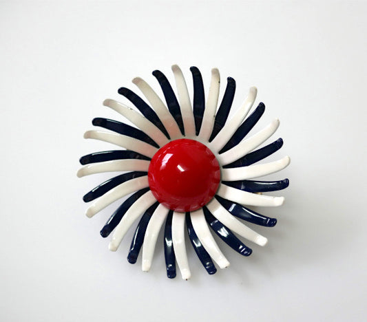 Daisy Flower レトロポップ 赤×白×ネイビー 立体 フラワー ヴィンテージ ブローチ スカーフ留め アクセサリー USA