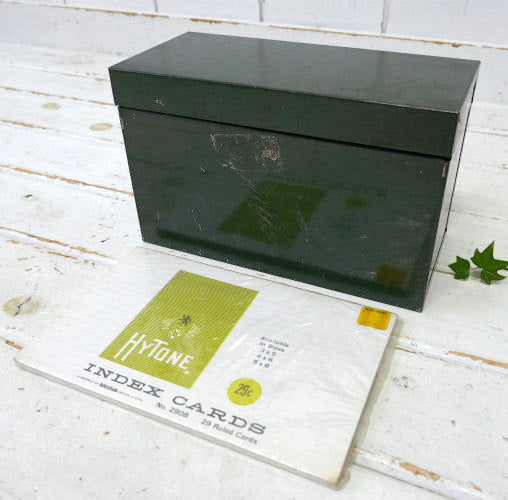 オリーブグリーン メタル製 未使用カード付き ヴィンテージ カードボックス ファイルボックス 書類ケース USA