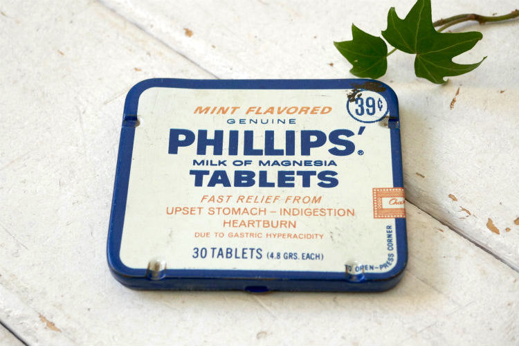 ミントフレーバーPHILLIPS MILK OF MAGNESIA TABLETS フィリップス 1930's ヴィンテージ・タブレットケース ブリキ缶 印刷物付き