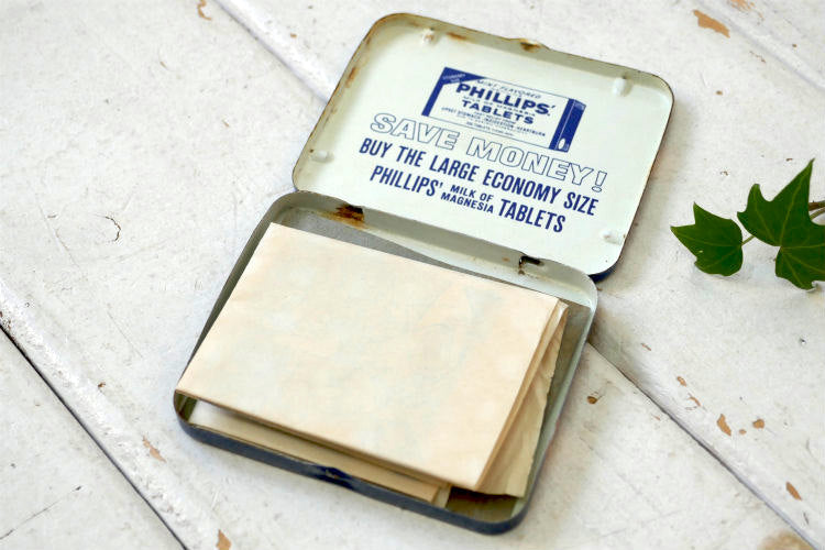 ミントフレーバーPHILLIPS MILK OF MAGNESIA TABLETS フィリップス 1930's ヴィンテージ・タブレットケース ブリキ缶 印刷物付き
