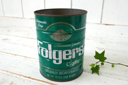 フォルジャーズ COFFEE デカフェ グリーン ブリキ製 ヴィンテージ コーヒー缶 USA NATURALLY DECAFFEINATED