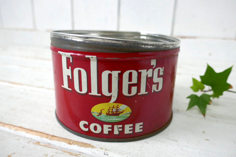 1952's Folgers COFFEE フォルジャーズ レッド ブリキ製 ヴィンテージ・コーヒー缶 coffee 缶 US