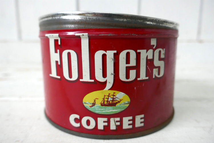 1952's Folgers COFFEE フォルジャーズ レッド ブリキ製 ヴィンテージ・コーヒー缶 coffee 缶 US