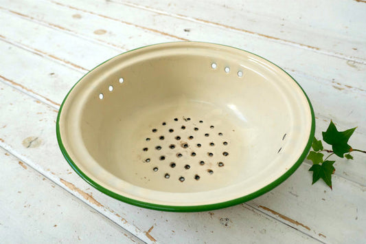 ラスティック クリーム×グリーン ホーロー製 ヴィンテージ コランダー 水切りボウル キッチン用品 USA