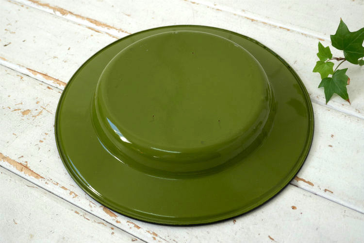 レトロ グリーン 琺瑯 ホーロー製 ヴィンテージ 皿 プレート 食器 キャンプ アウトドア USA  ②