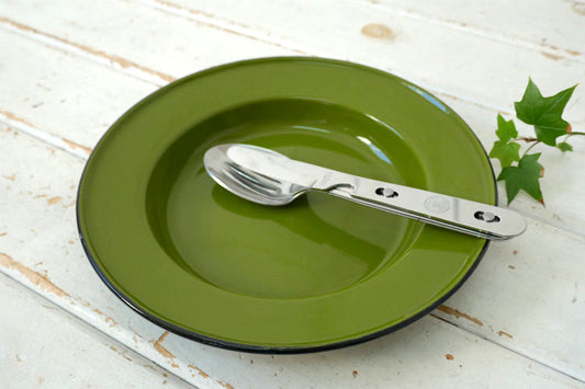 レトロ グリーン 琺瑯 ホーロー製 ヴィンテージ 皿 プレート 食器 キャンプ アウトドア USA ②