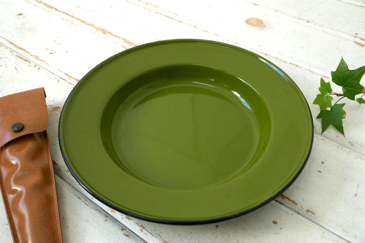 レトロ グリーン 琺瑯 ホーロー製 ヴィンテージ 皿 プレート 食器 キャンプ アウトドア USA  ②