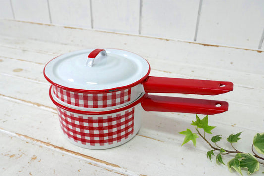 USA 琺瑯 ホーロー製 ギンガムチェック柄 赤×白 ヴィンテージ ダブルボイラー 2段式 片手鍋 キッチン用品 USA