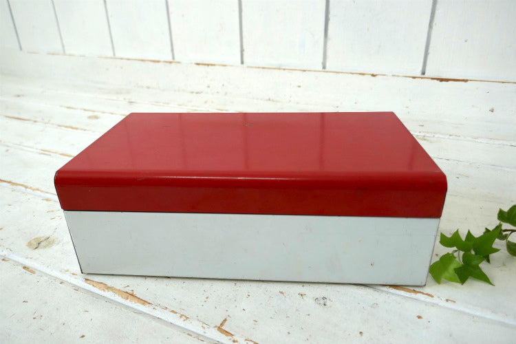 キュート 赤×白 メタル製 50's ヴィンテージ レシピボックス カードボックス ファイルケース 書類ケース USA