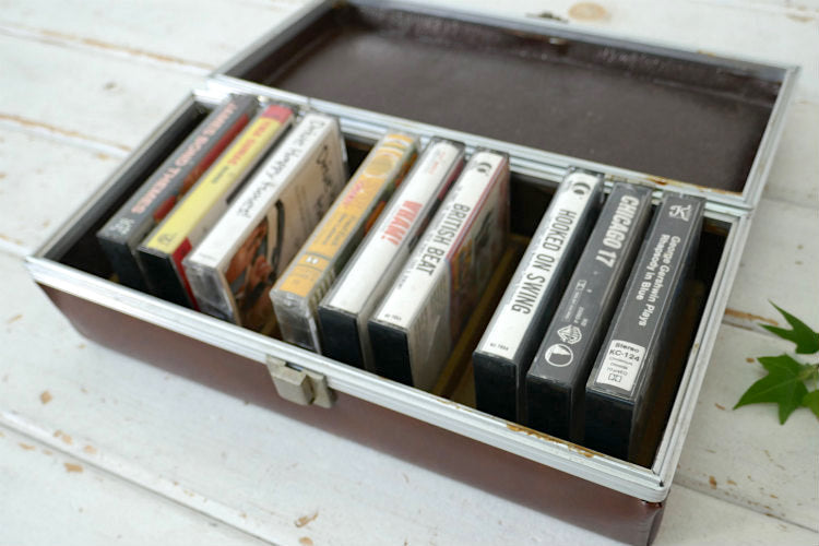 USA レトロ ブラウン フェイクレザー ヴィンテージ カセットテープケース 収納ケース 12本収納