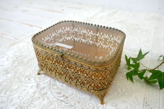 ベベルガラス 24金 ゴールドプレート 脚付き アンティーク ジュエリーボックス 宝石箱 ジュエリーケース USA