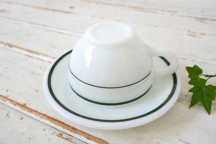 CORNING コーニング オールドパイレックス ミルクガラス レトロ グリーンライン ヴィンテージ カップ&ソーサー 食器 USA②