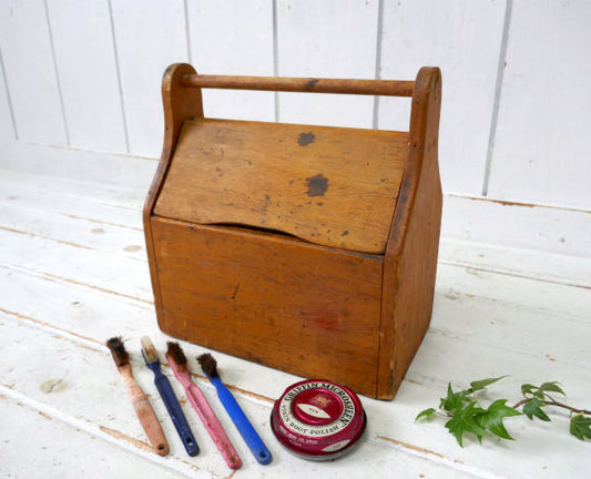 木製 シューポリッシュ缶付き 靴磨き入れ アンティーク&ヴィンテージ シューシャインボックス シューケア ツールケース 道具入れ USA