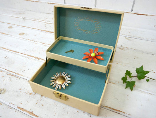 レトロ クリーム×ターコイズブルー 2段式 ヴィンテージ 宝石箱 ジュエリーボックス 時計保管ケース USA