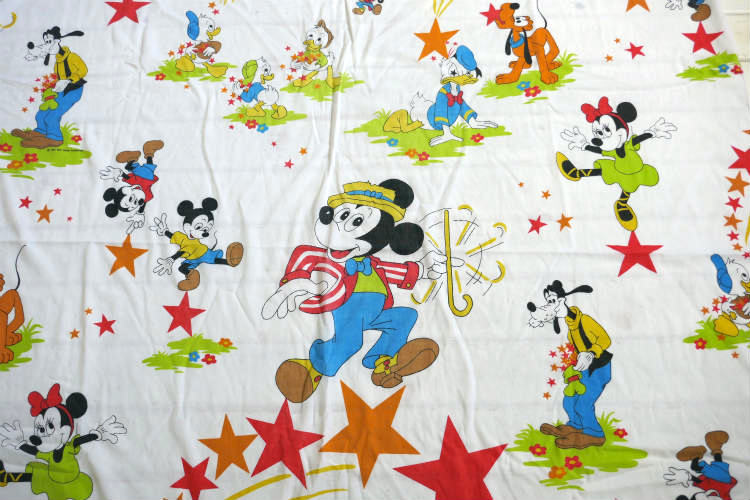 レア物 ミッキー&フレンズ モーティ フェルディ ドナルドダック プルート グーフィー 星 スター柄 70's ヴィンテージ ユーズドシーツ(ボックスタイプ) USA