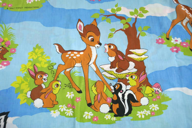 Bambi バンビ ディズニー 子鹿バンビ フラワー 蝶々 レトロ 70's ヴィンテージ ユーズドシーツ(1/2) USA 状態良好