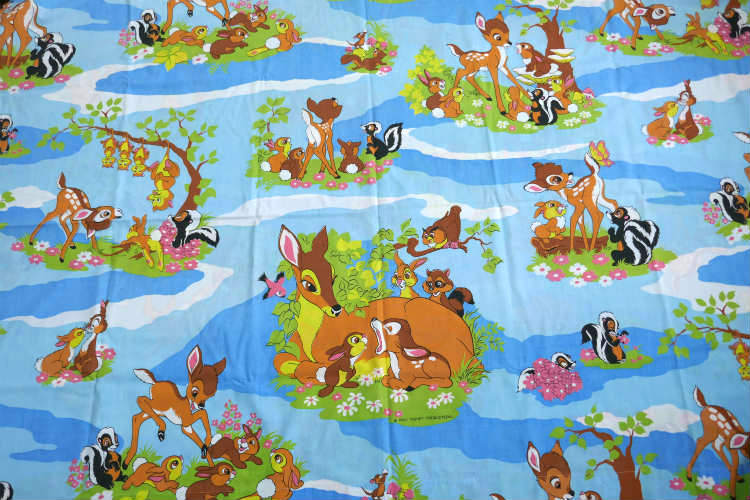 Bambi バンビ ディズニー 子鹿バンビ フラワー 蝶々 レトロ 70's ヴィンテージ ユーズドシーツ(1/2) USA 状態良好