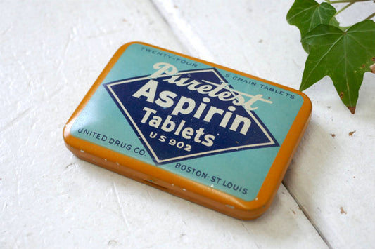 Puretest Aspirin Tablets US 902 薬缶 タブレット 小さな ヴィンテージ ティン缶 薬局 アンティーク 1950's 印刷物付き
