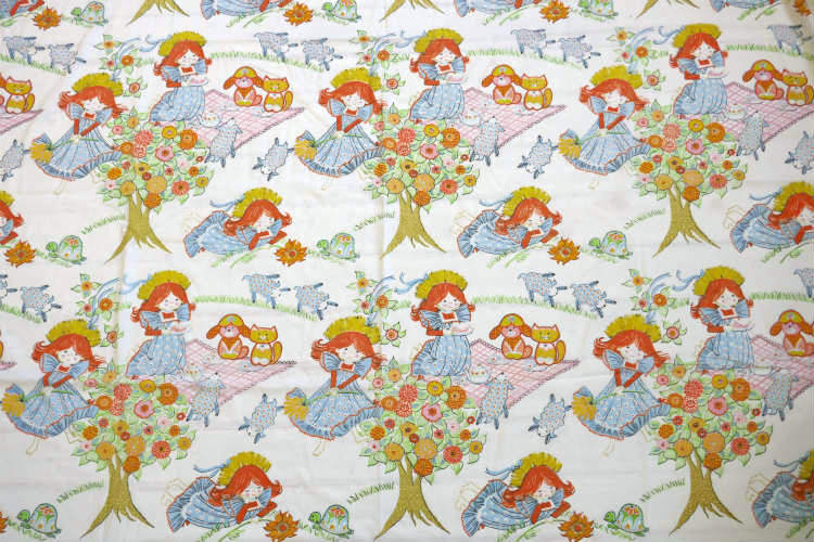 レトロ 女の子 ネコ 犬 羊 動物 ピクニック メルヘン ヴィンテージ ユーズドシーツ(1/2) USA