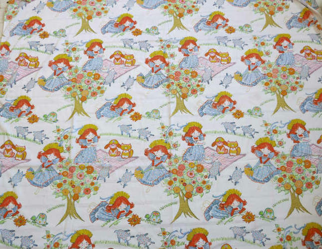 レトロ 女の子 ネコ 犬 羊 動物 ピクニック メルヘン ヴィンテージ ユーズドシーツ(1/2) USA