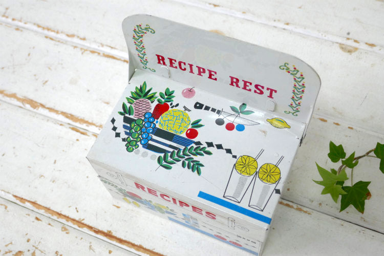 RECIPES RECIPE REST レトロ フルーツ柄 折り畳み式 カードスタンド レシピカード付き ティン製 50's ヴィンテージ レシピボックス レシピ缶 里帰り品