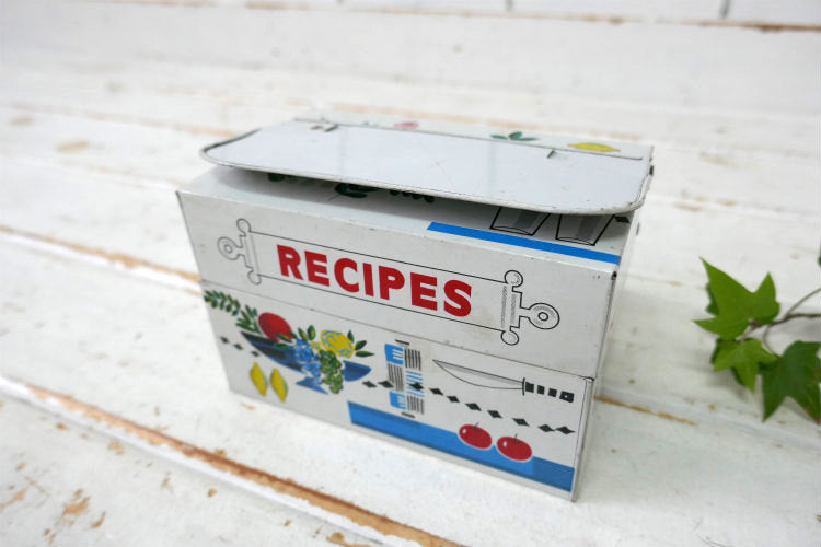 RECIPES RECIPE REST レトロ フルーツ柄 折り畳み式 カードスタンド レシピカード付き ティン製 50's ヴィンテージ レシピボックス レシピ缶 里帰り品