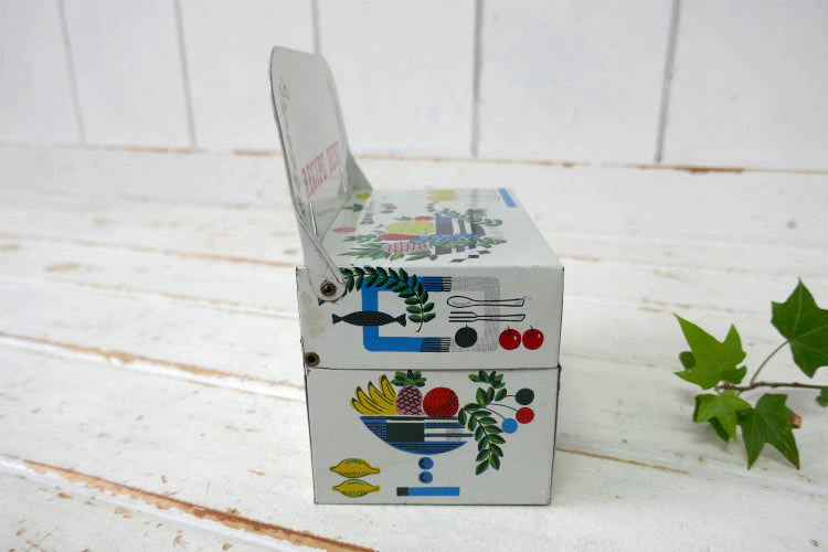 RECIPES RECIPE REST レトロ フルーツ柄 折り畳み式 カードスタンド レシピカード付き ティン製 50's ヴィンテージ レシピボックス レシピ缶 里帰り品