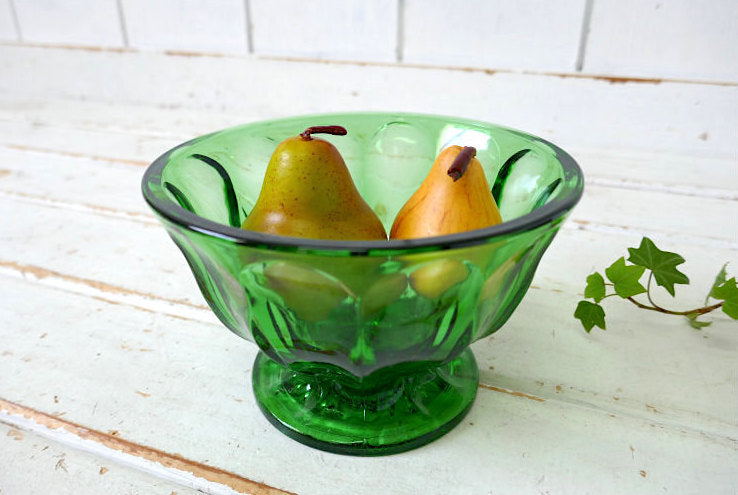 アンカーホッキング 70's フェアフィールド ミッドセンチュリー グリーン プレスガラス フッテッド ヴィンテージ キャンディディッシュ ボウル 食器 USA