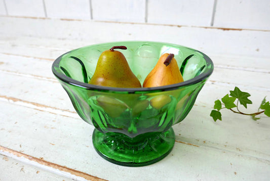 アンカーホッキング 70's フェアフィールド ミッドセンチュリー グリーン プレスガラス フッテッド ヴィンテージ キャンディディッシュ ボウル 食器 USA