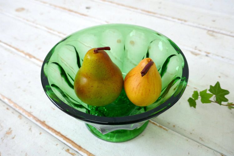 アンカーホッキング 70's フェアフィールド ミッドセンチュリー グリーン プレスガラス フッテッド ヴィンテージ キャンディディッシュ ボウル 食器 USA