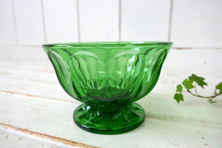 アンカーホッキング 70's フェアフィールド ミッドセンチュリー グリーン プレスガラス フッテッド ヴィンテージ キャンディディッシュ ボウル 食器 USA