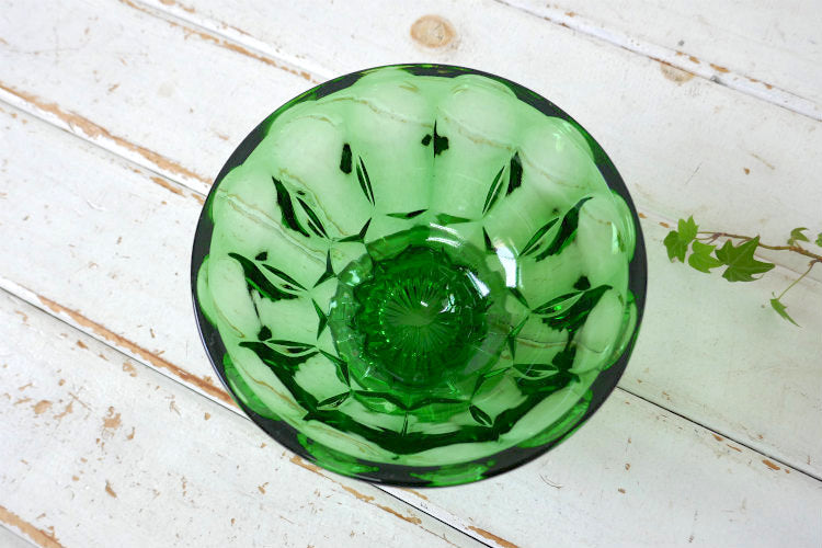 アンカーホッキング 70's フェアフィールド ミッドセンチュリー グリーン プレスガラス フッテッド ヴィンテージ キャンディディッシュ ボウル 食器 USA