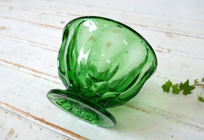 アンカーホッキング 70's フェアフィールド ミッドセンチュリー グリーン プレスガラス フッテッド ヴィンテージ キャンディディッシュ ボウル 食器 USA