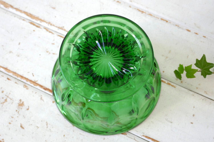 アンカーホッキング 70's フェアフィールド ミッドセンチュリー グリーン プレスガラス フッテッド ヴィンテージ キャンディディッシュ ボウル 食器 USA