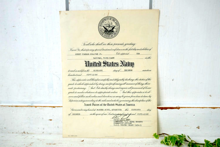 UNITED STATES OF AMERICA DEPARTMENT OF THE NAVY 1958 ヴィンテージ 三等無線士 米軍放出品任命 辞令書 ミリタリー 海軍 USA 印刷物