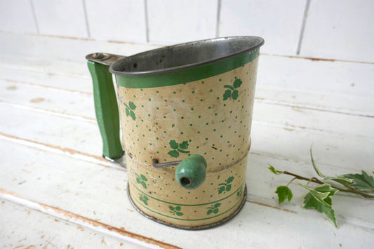 ミントグリーン×クリーム リーフ柄 木製ハンドル 1930~40's ヴィンテージ 粉ふるい シフター フラワーシフター キッチンツール USA