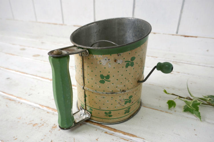 ミントグリーン×クリーム リーフ柄 木製ハンドル 1930~40's ヴィンテージ 粉ふるい シフター フラワーシフター キッチンツール USA