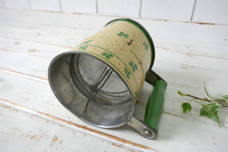 ミントグリーン×クリーム リーフ柄 木製ハンドル 1930~40's ヴィンテージ 粉ふるい シフター フラワーシフター キッチンツール USA